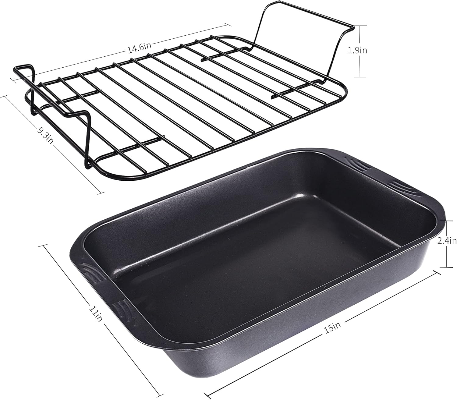Bakeware Nonstick Roaster, Nonstick Roasting Pan with Rack, Great For Roast Chicken, Roasts And Turkeys - 15 Inch x 11 Inch (5.8 QT), Gray